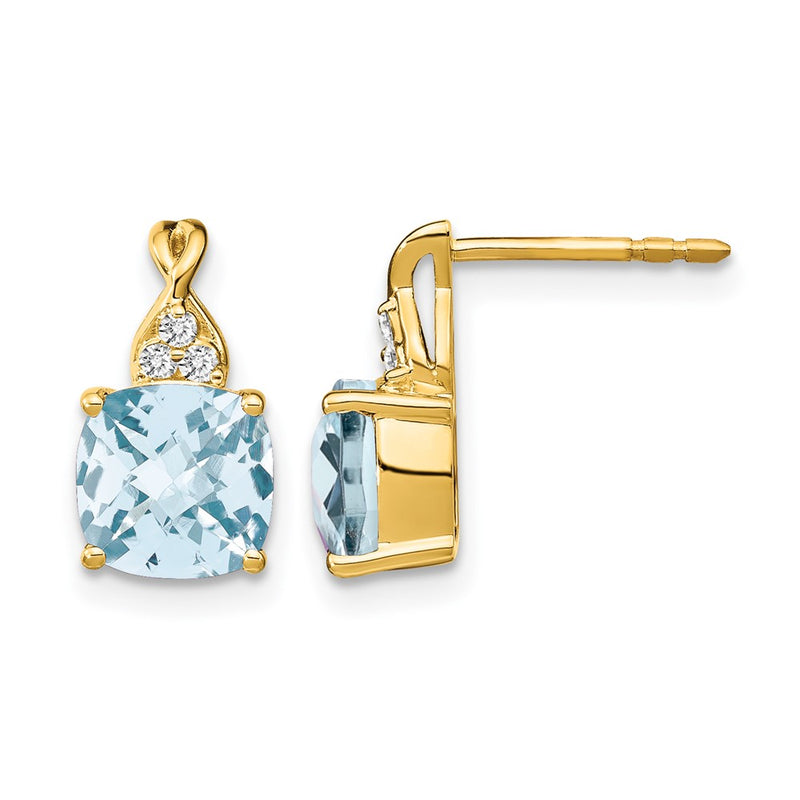 14k Yellow Gold Checkerboard Aquamarine and Real Diamond Earrings