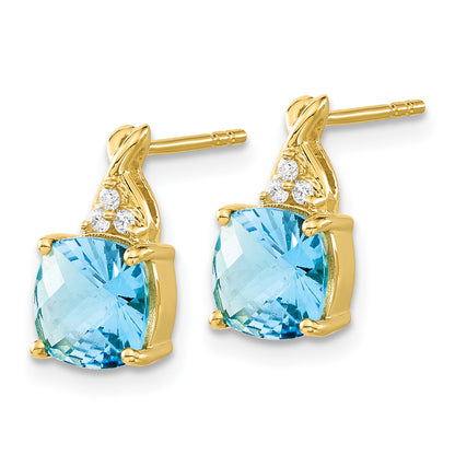 10K Yellow Gold Checkerboard Blue Topaz And Diamond Earrings