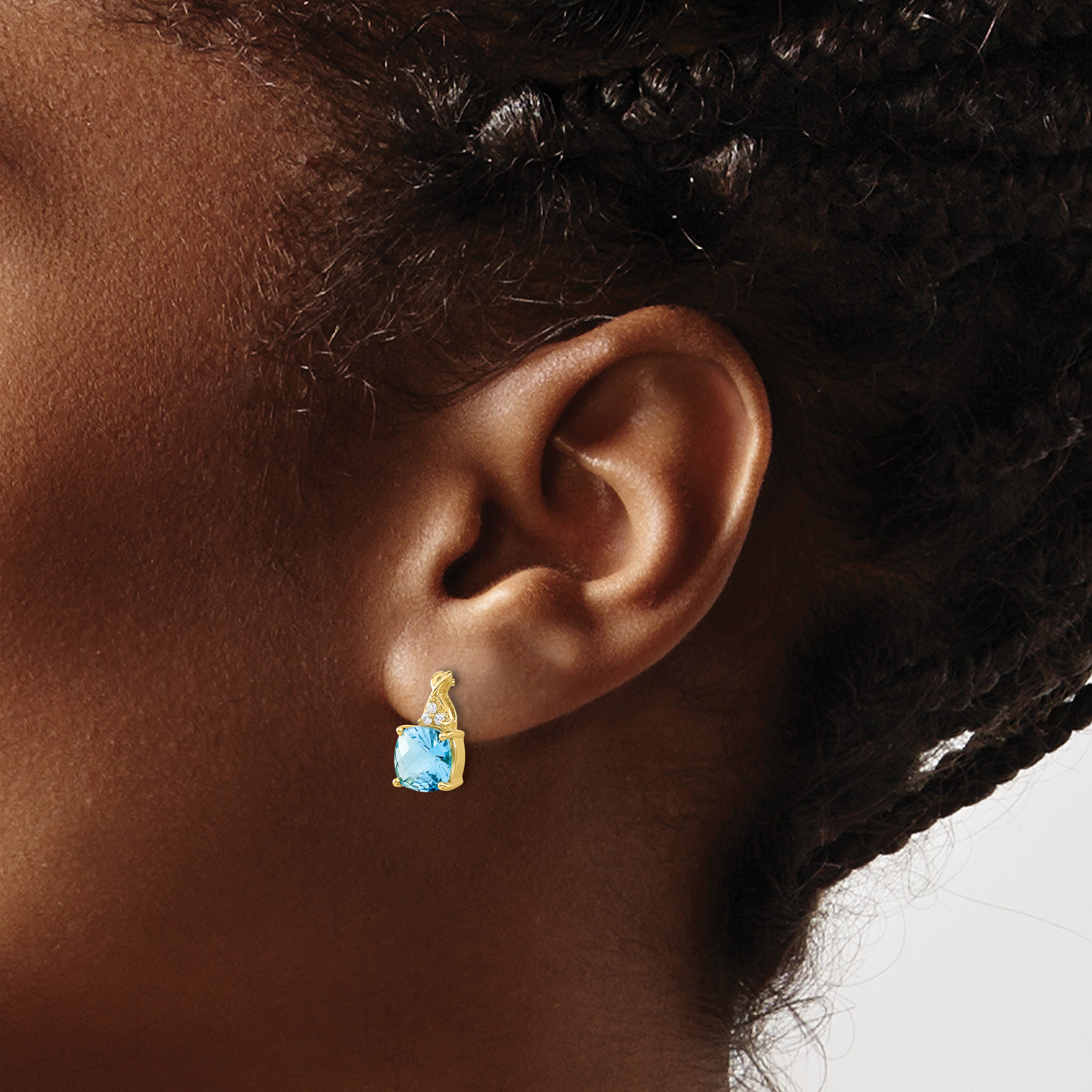 10K Yellow Gold Checkerboard Blue Topaz And Diamond Earrings