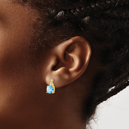 10K Yellow Gold Checkerboard Blue Topaz And Diamond Earrings