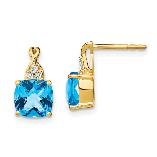 10K Yellow Gold Checkerboard Blue Topaz And Diamond Earrings