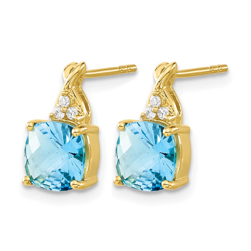 14k Yellow Gold Checkerboard Blue Topaz and Real Diamond Earrings