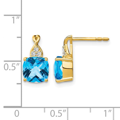 14k Yellow Gold Checkerboard Blue Topaz and Real Diamond Earrings