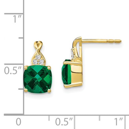 10K Yellow Gold Checkerboard Created Emerald And Diamond Earrings