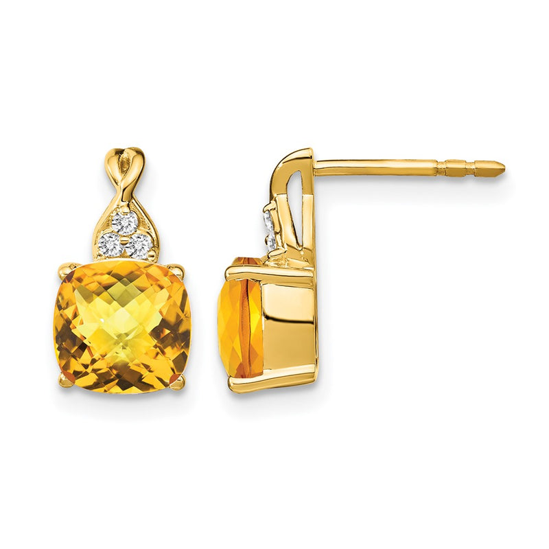 14k Yellow Gold Checkerboard Citrine and Real Diamond Earrings