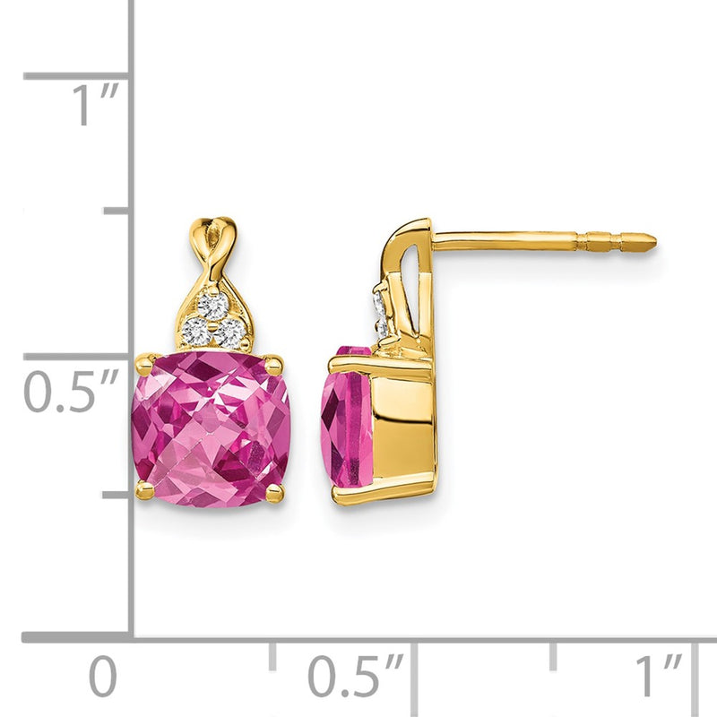 14k Yellow Gold Checkerboard Created Pink Sapphire and Real Diamond Earrings