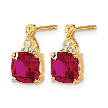 14k Yellow Gold Checkerboard Created Ruby and Real Diamond Earrings