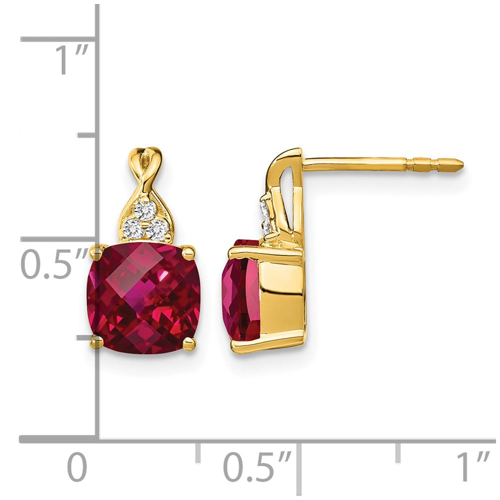 14k Yellow Gold Checkerboard Created Ruby and Real Diamond Earrings