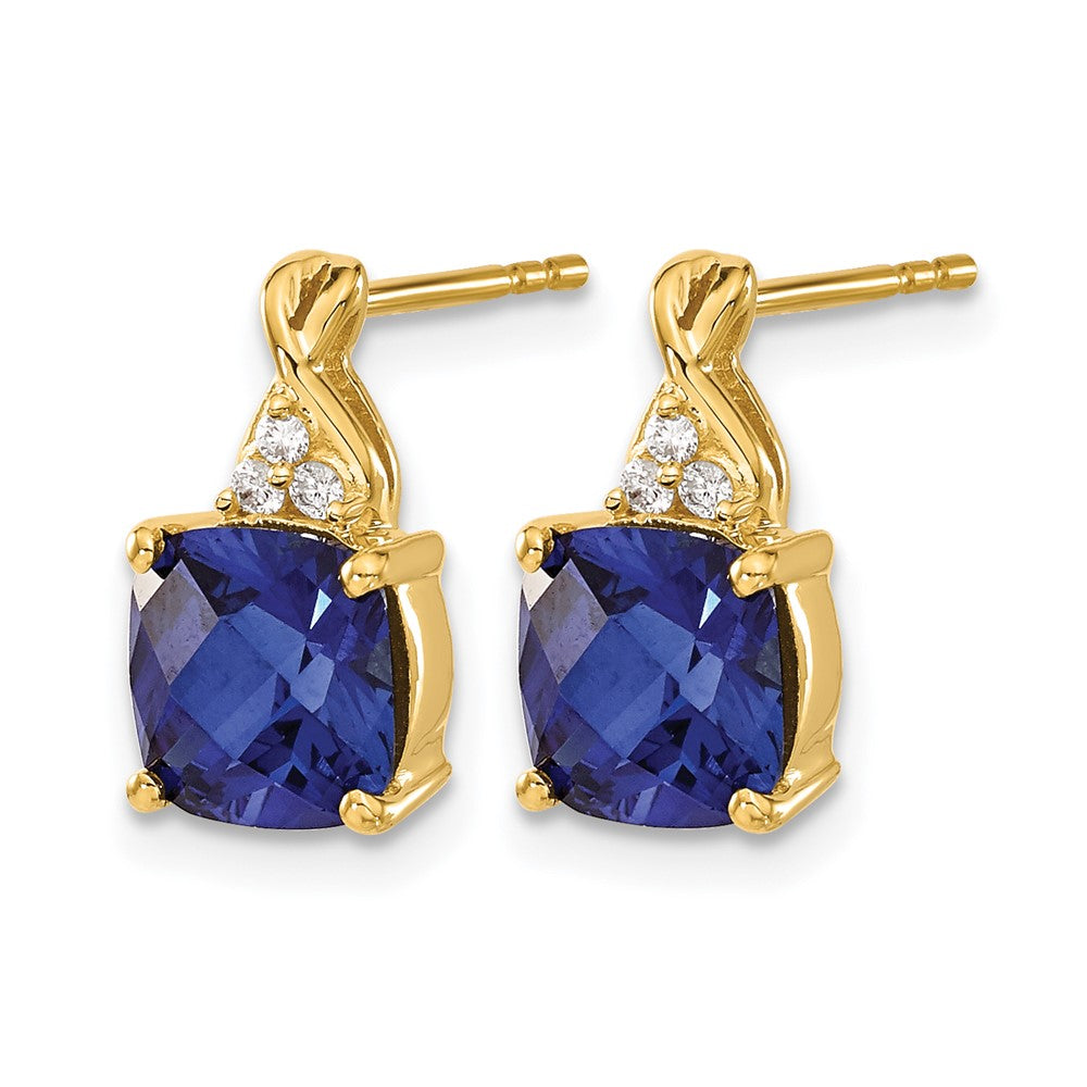 14k Yellow Gold Checkerboard Created Sapphire and Real Diamond Earrings