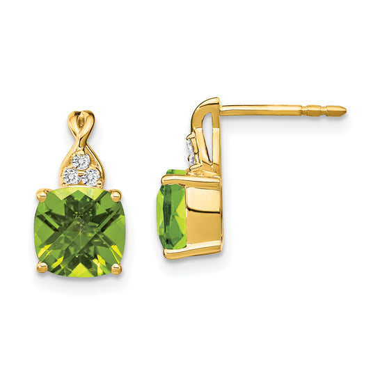 10K Yellow Gold Checkerboard Peridot And Diamond Earrings