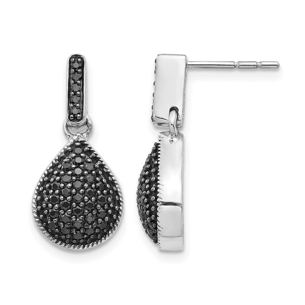 14k White Gold Real Diamond Black Teardrop Dangle Post Earrings
