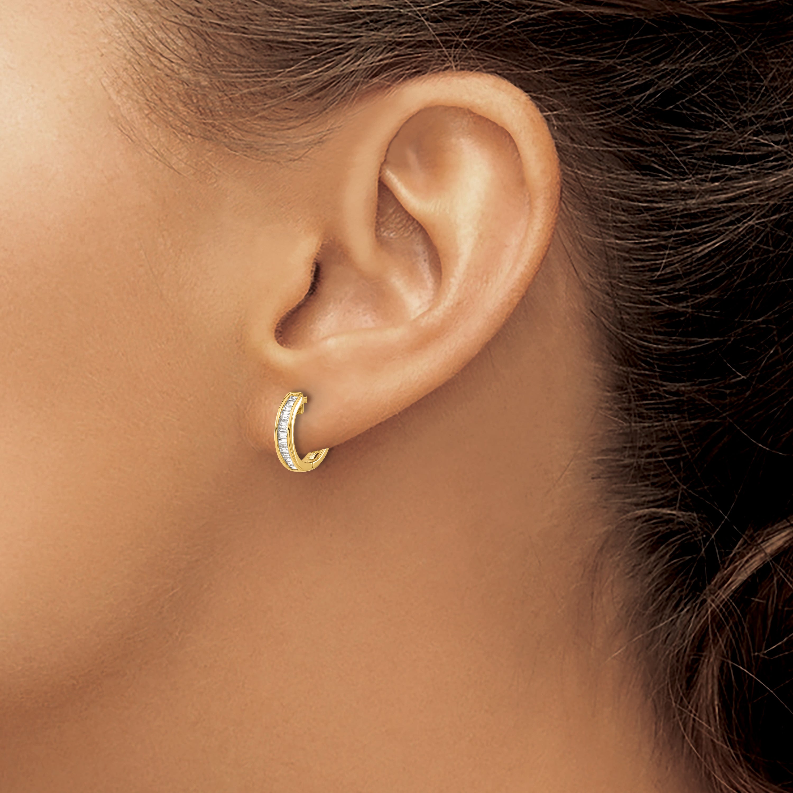 10K Yellow Gold Baguette Diamond Hinged Hoop Earrings