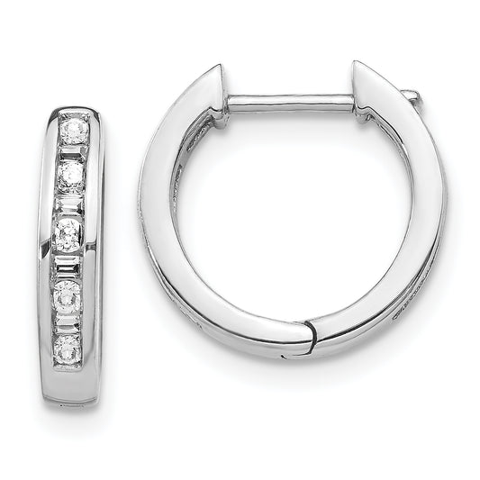 14K White Gold Round/Baguette Diamond Hinged Hoop Earrings