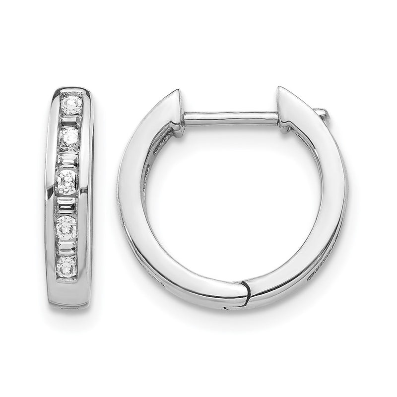 14K White Gold Round/Baguette Diamond Hinged Hoop Earrings