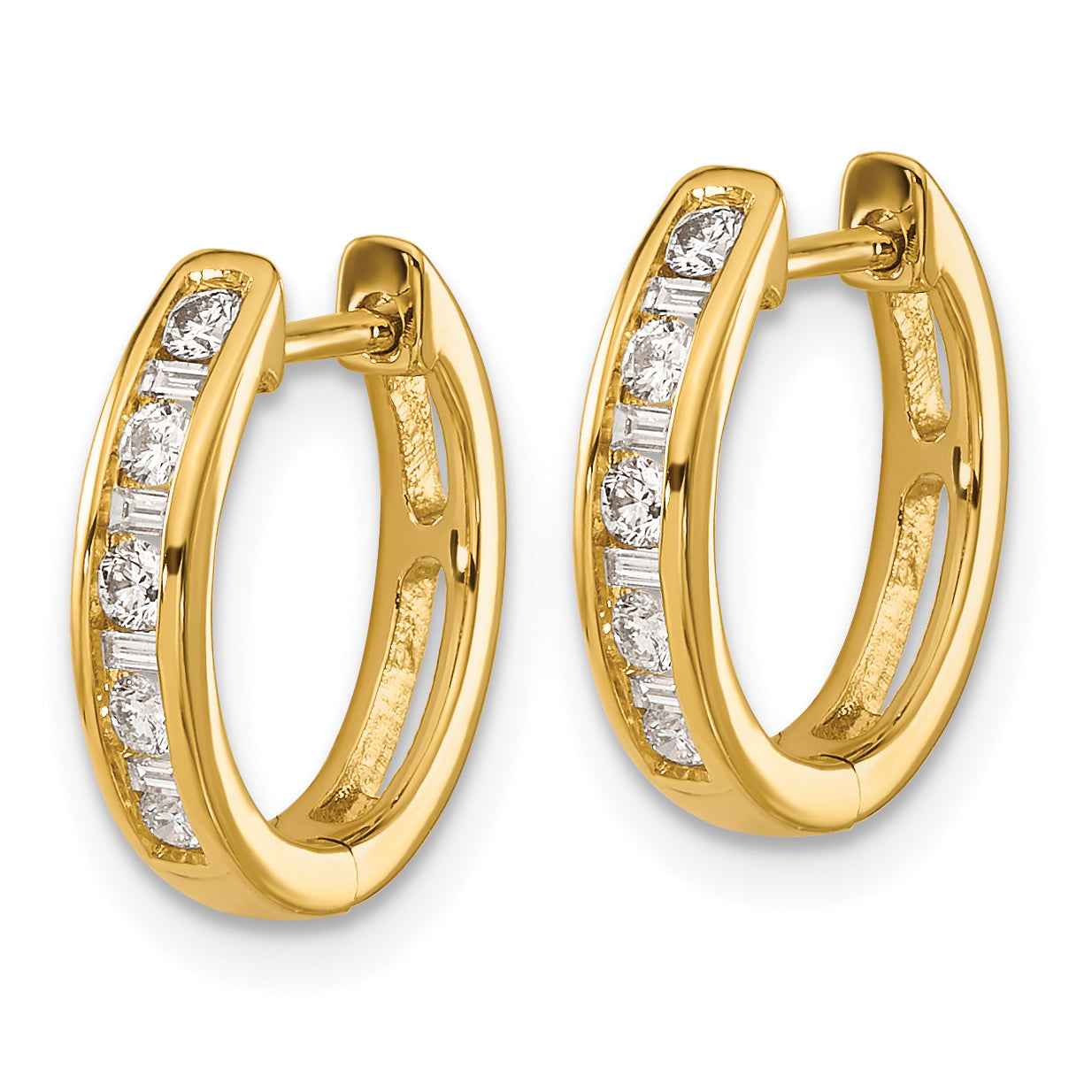14K Yellow Gold Round/Baguette Diamond Hinged Hoop Earrings