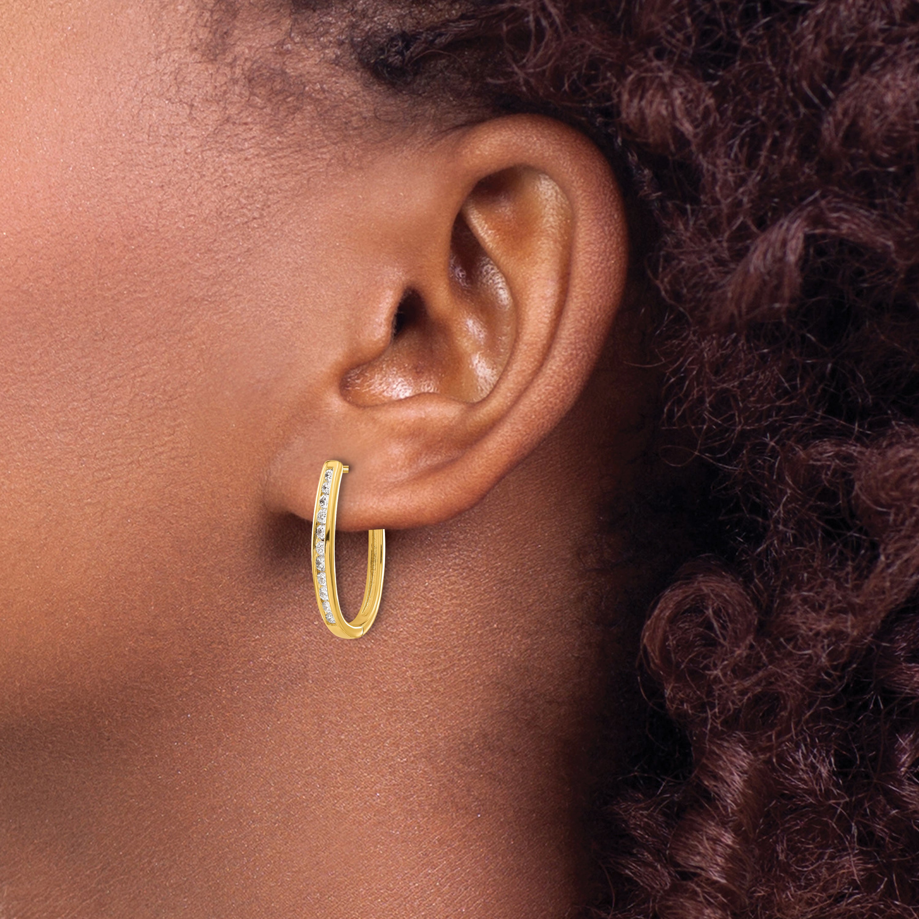 10K Yellow Gold Diamond Oval Hinged Hoop Earrings
