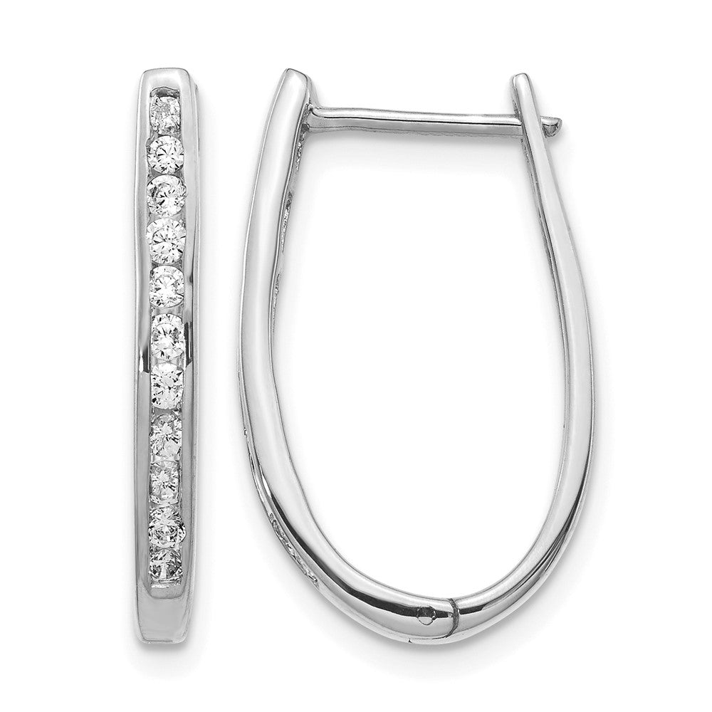 14k White Gold Real Diamond Oval Hinged Hoop Earrings