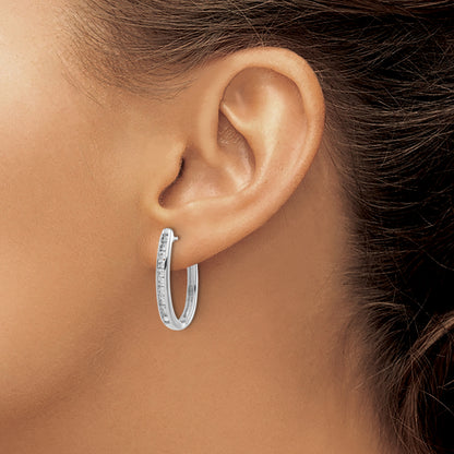 10K White Gold Diamond Oval Hinged Hoop Earrings