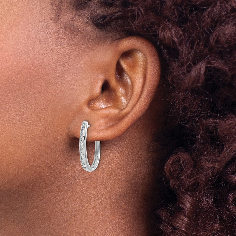 14k White Gold Real Diamond Oval Hinged Hoop Earrings
