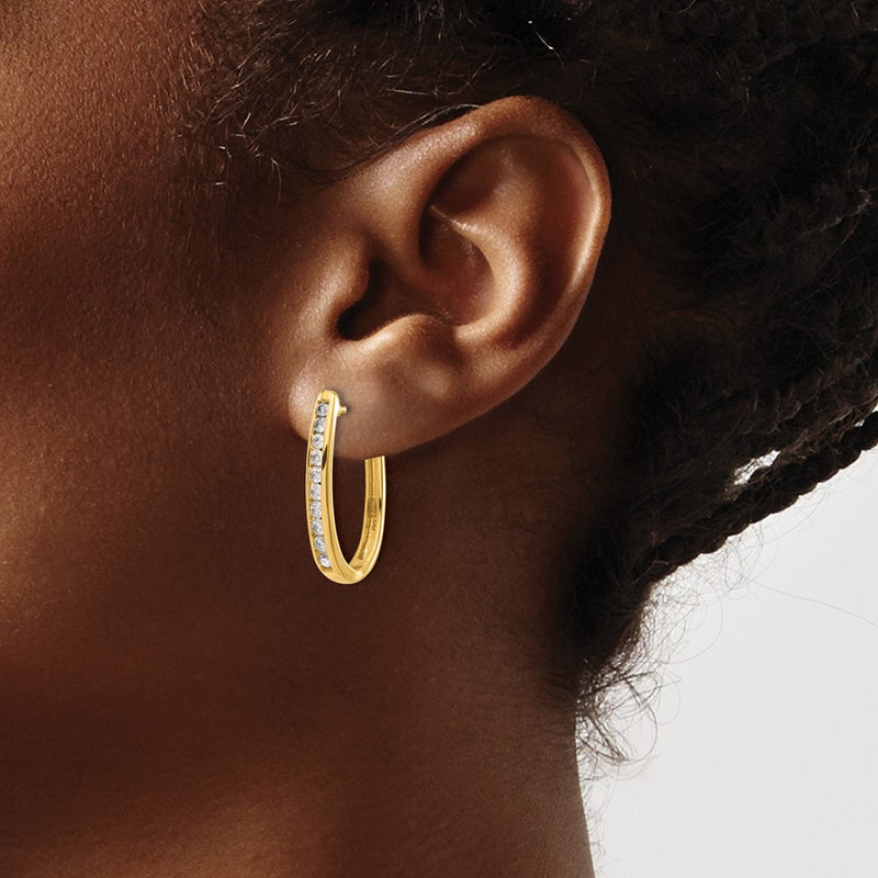 14k Yellow Gold Real Diamond Oval Hinged Hoop Earrings