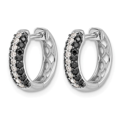 14k White Gold White and Black Real Diamond Hinged Hoop Earrings