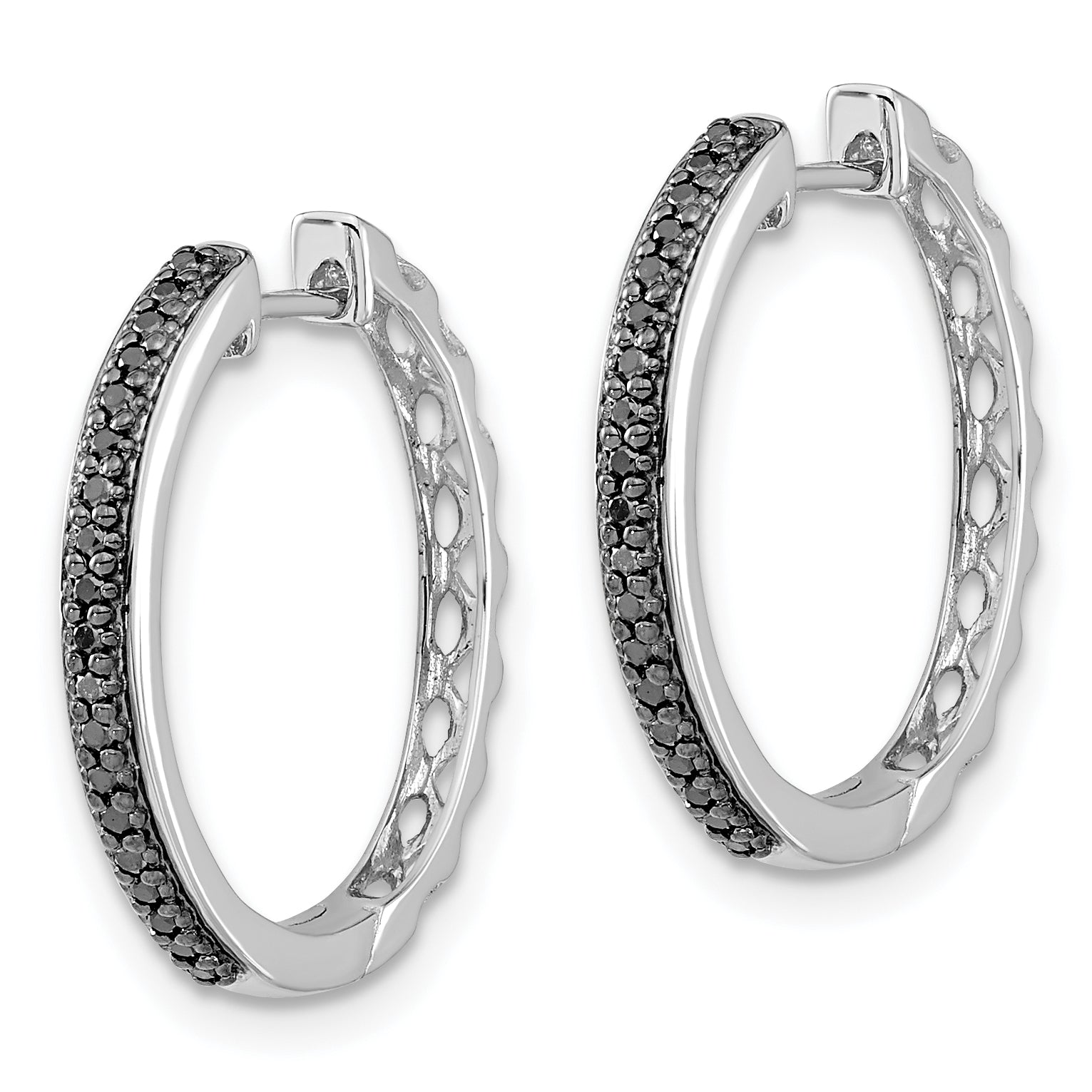 10K White Gold Black Diamond 2mm Hinged Hoop Earrings