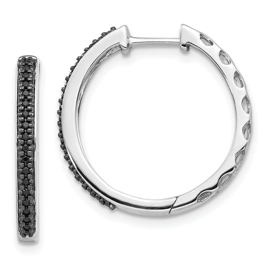 10K White Gold Black Diamond 2mm Hinged Hoop Earrings