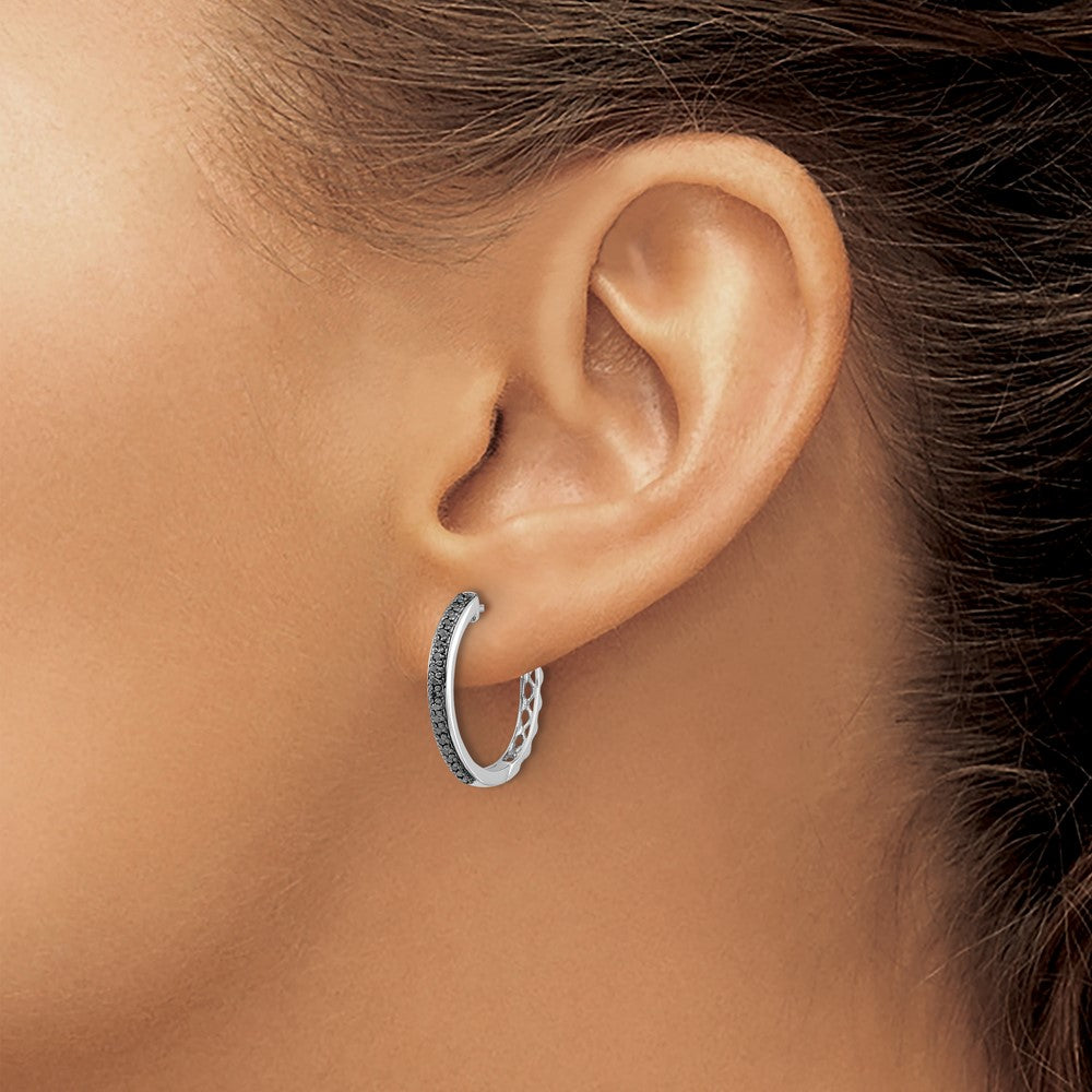 14k White Gold Black Real Diamond 2mm Hinged Hoop Earrings