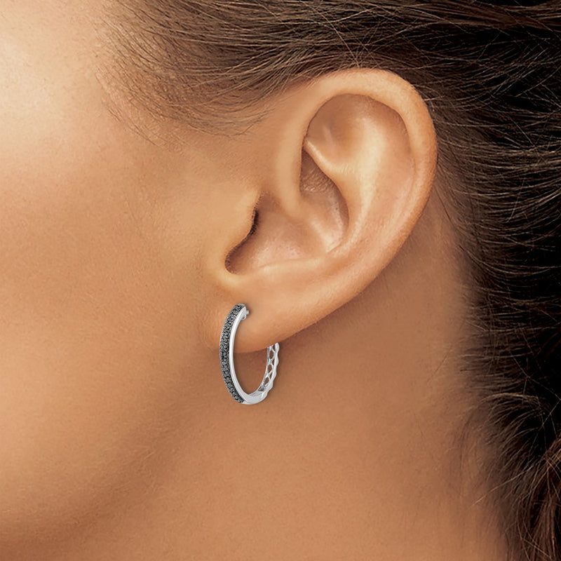 14k White Gold Black Real Diamond 2mm Hinged Hoop Earrings