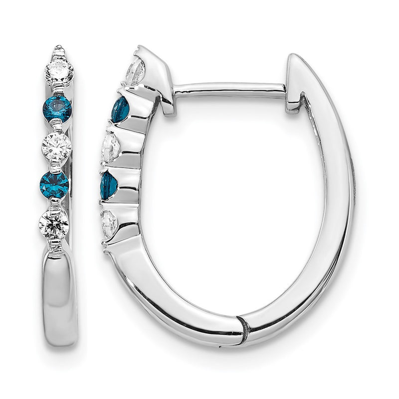 14k White Gold Blue/White Real Diamond Hinged Hoop Earrings