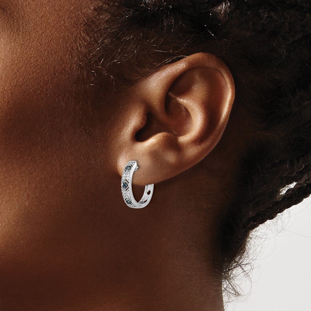 14k White Gold Blue/White Real Diamond Hinged Hoop Earrings