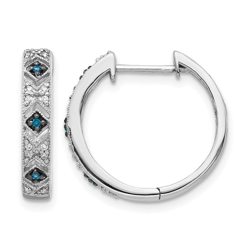 14k White Gold Blue/White Real Diamond Hinged Hoop Earrings