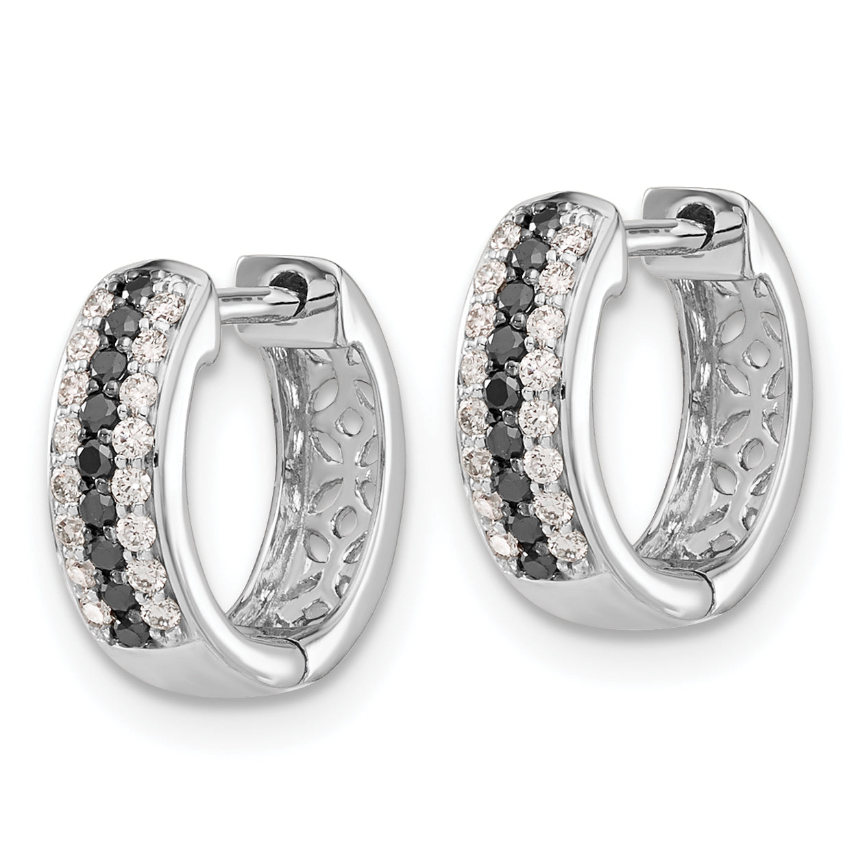10K White Gold Black And Diamond Hinged Hoop Earrings