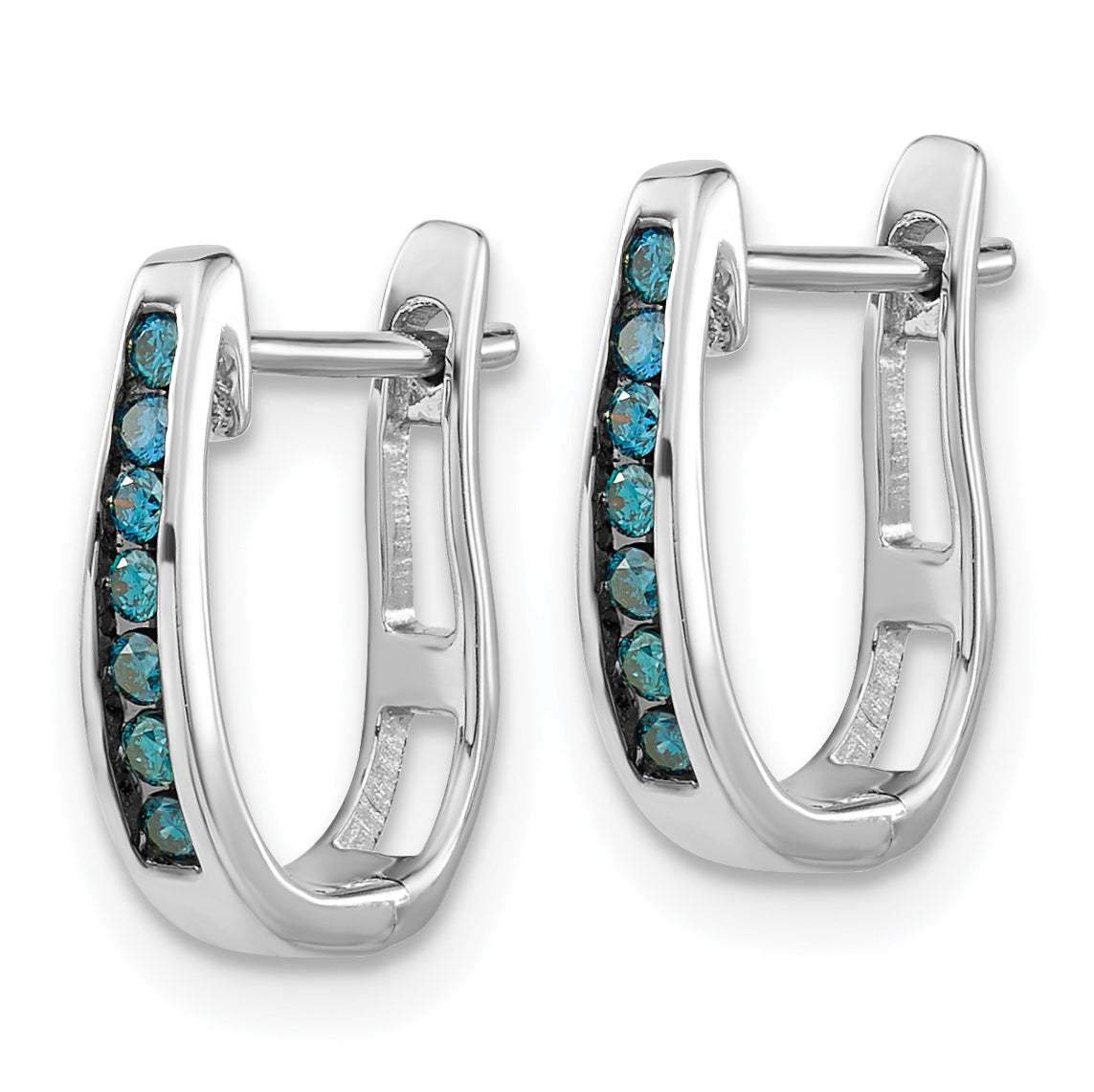 14K White Gold Blue Diamond 3mm Hinged Hoop Earrings