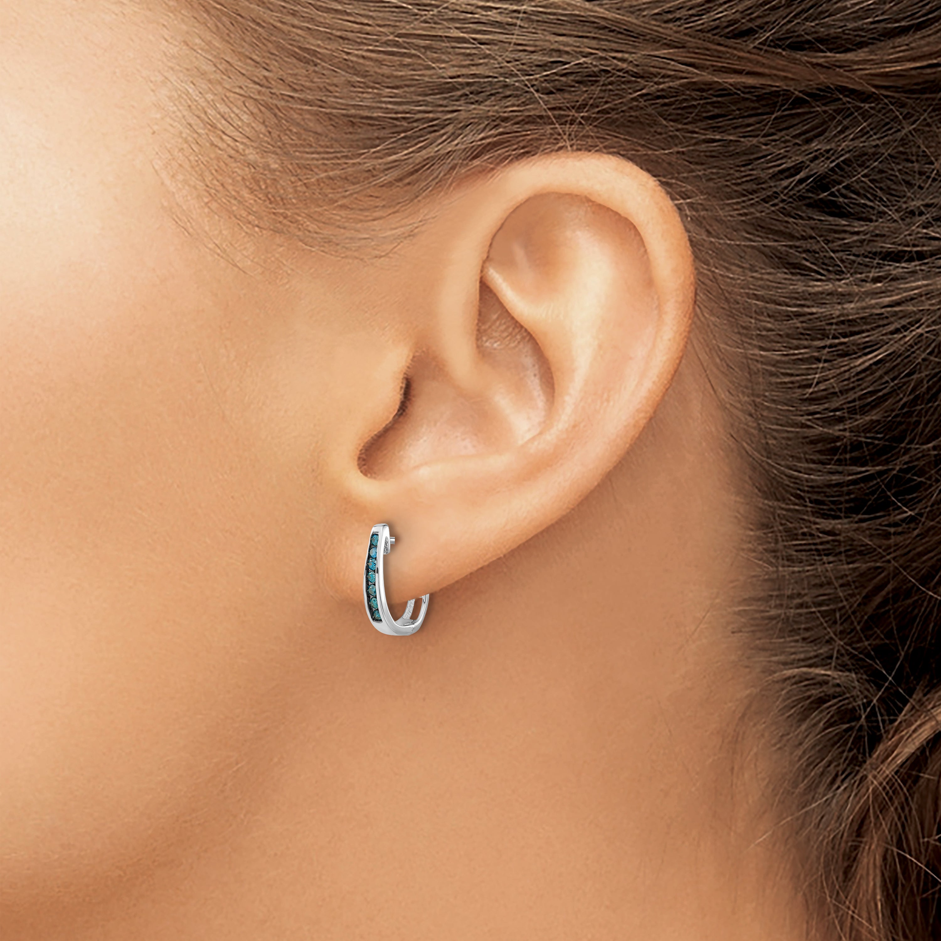 14K White Gold Blue Diamond 3mm Hinged Hoop Earrings