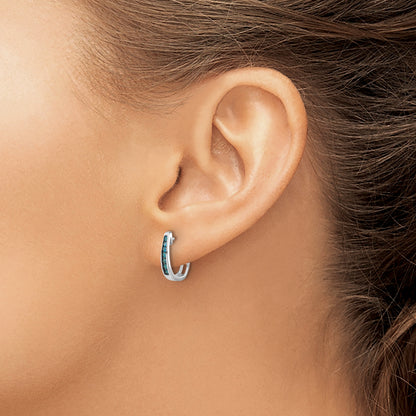 14K White Gold Blue Diamond 3mm Hinged Hoop Earrings
