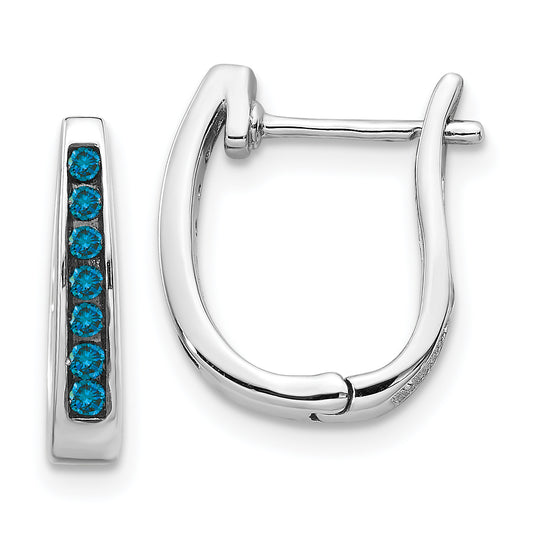 14K White Gold Blue Diamond 3mm Hinged Hoop Earrings