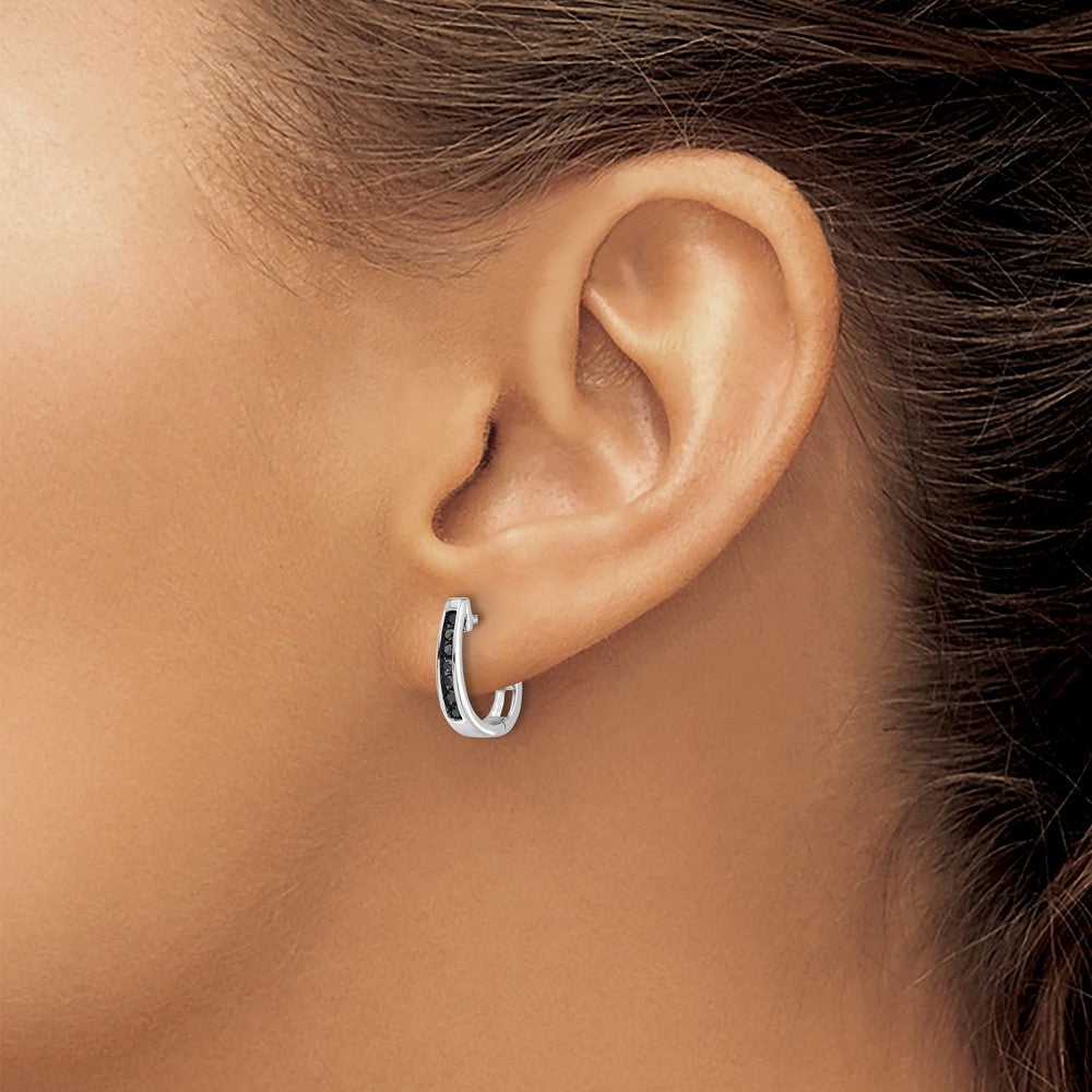 14k White Gold Black Real Diamond 3mm Hinged Hoop Earrings