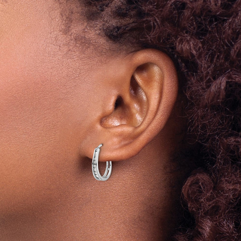 14k White Gold Real Diamond Oval Hinged Hoop Earrings