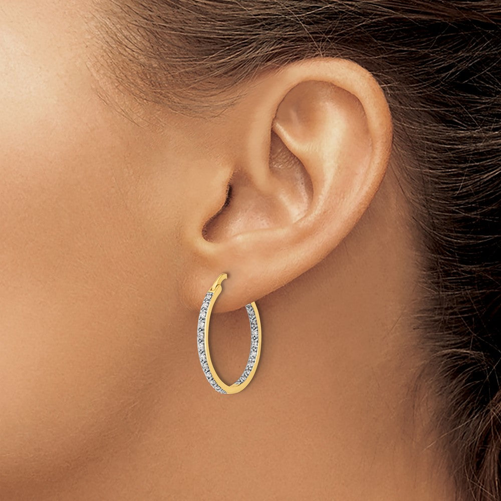 14k Yellow Gold Real Diamond In/Out Hoop Earrings