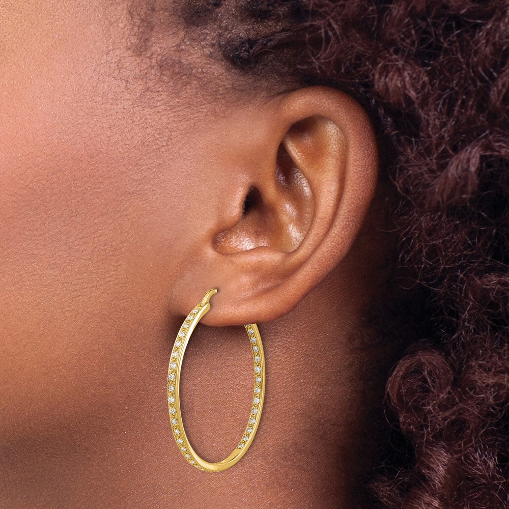 14k Yellow Gold Real Diamond In/Out Hoop Earrings