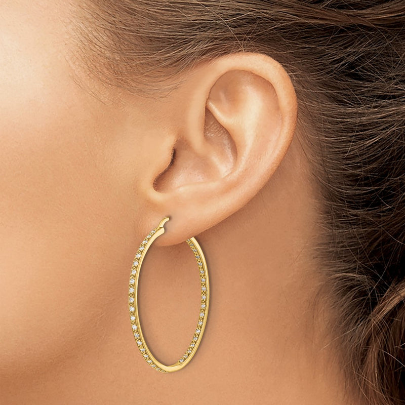 14k Yellow Gold Real Diamond In/Out Hoop Earrings