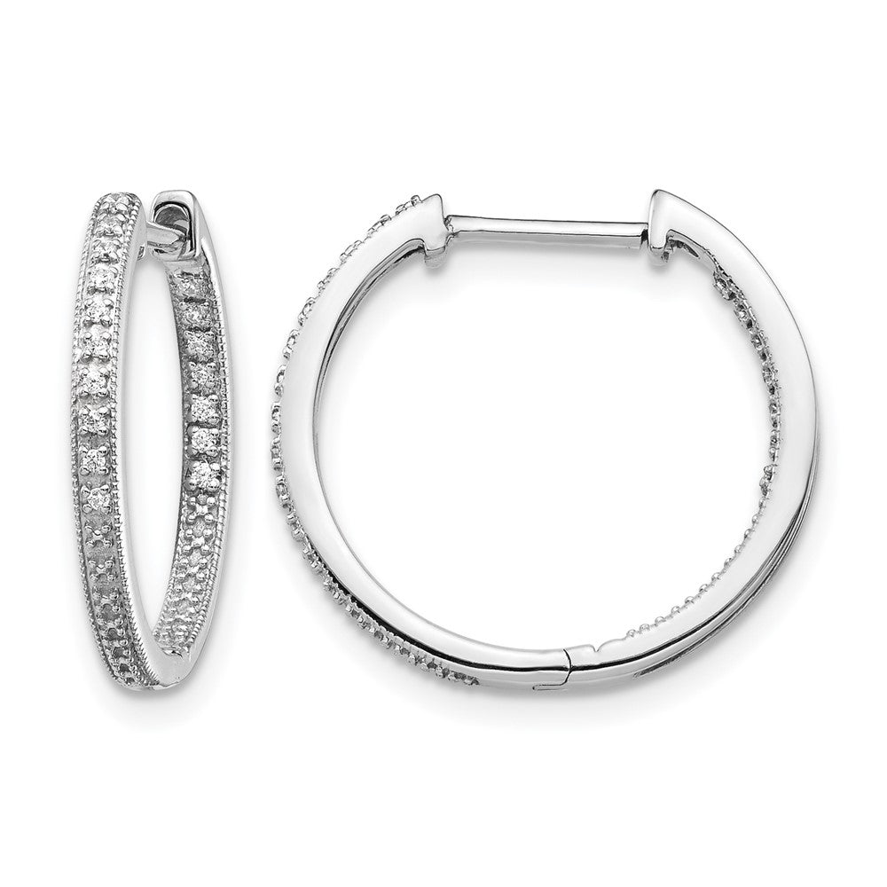 14k White Gold Polished Real Diamond In/Out Hinged Hoop Earrings