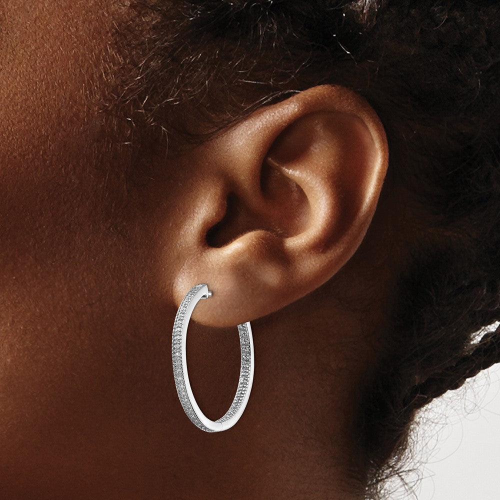 14k White Gold Polished Real Diamond In/Out Hinged Hoop Earrings