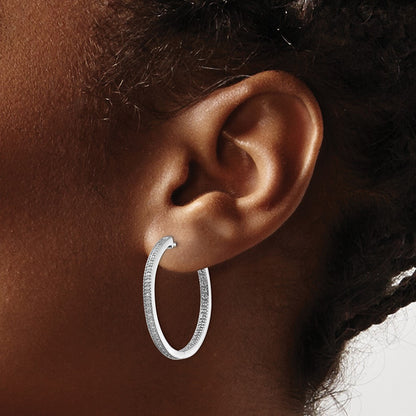 14k White Gold Polished Real Diamond In/Out Hinged Hoop Earrings