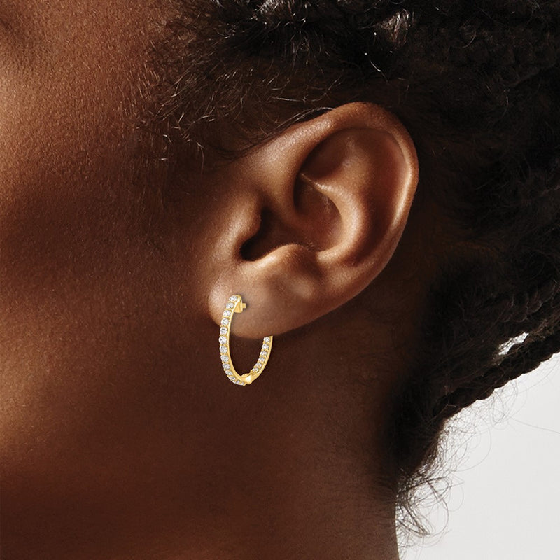 14k Yellow Gold Real Diamond In/Out Hinged Hoop Earrings