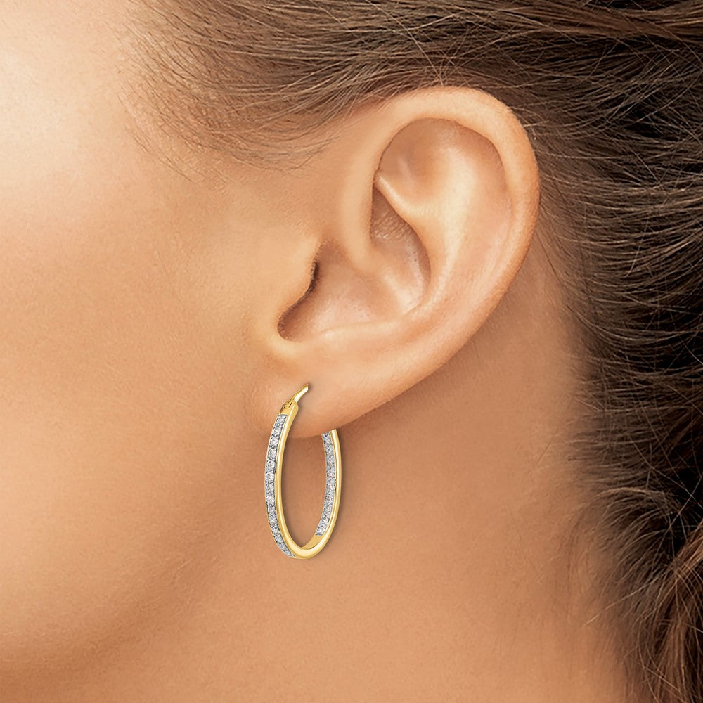 14k Yellow Gold Real Diamond In/Out Hoop Earrings
