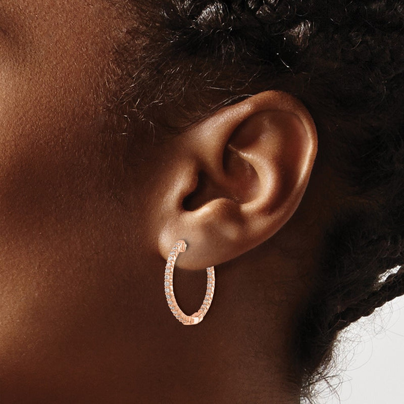 14k Rose Gold Polished Real Diamond In/Out Hinged Hoop Earrings