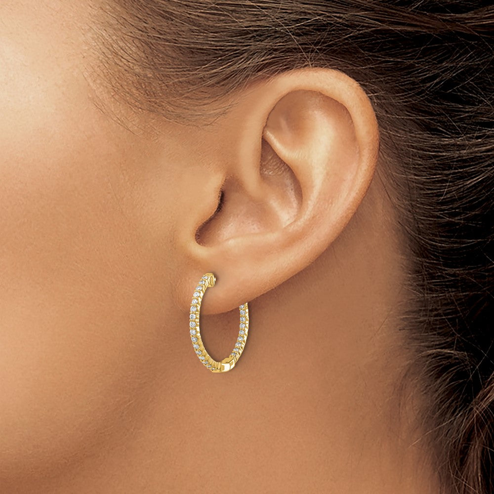 14k Yellow Gold Polished Real Diamond In/Out Hinged Hoop Earrings