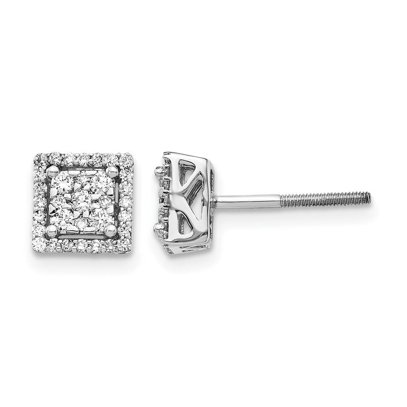 14k White Gold Real Diamond Square Screw Back Post Earrings